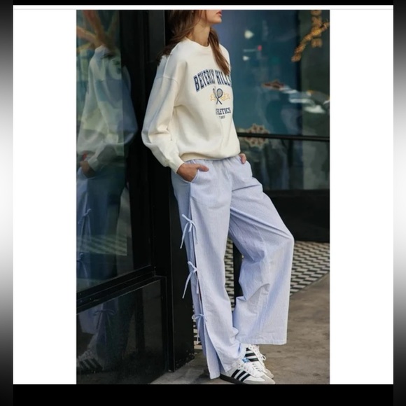 Cali 1850 Striped Side Tie Pull-On Cotton Pants - Light Blue Size Small - Picture 2 of 12